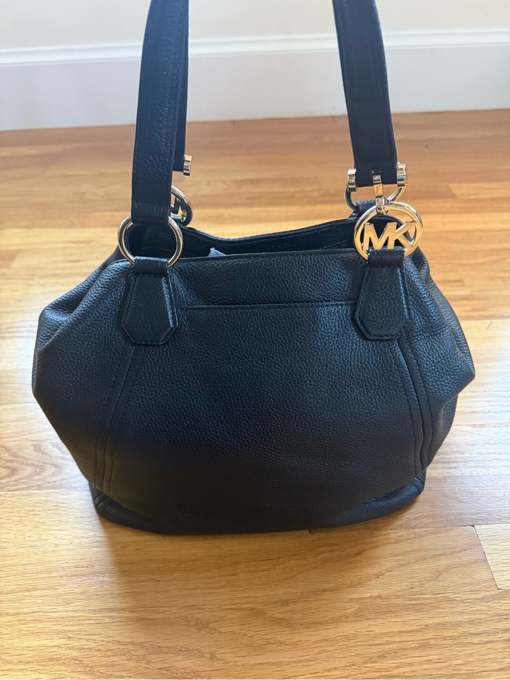 MICHAEL Michael Kors Black Pebbled Leather Shoulder Bag with Gold Hardware